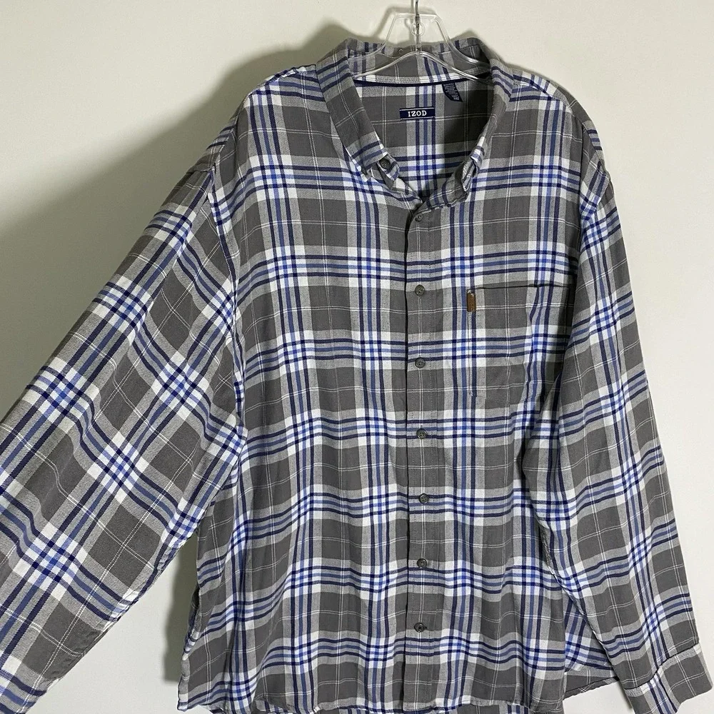 Izod Shirt Mens 2XL Gray Blue Plaid Button Down Casual Cotton Pocket Classic